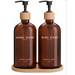 NEW Amber Glass Hand Dish Soap Bottles Dispenser Set Kitchen Bamboo Tray